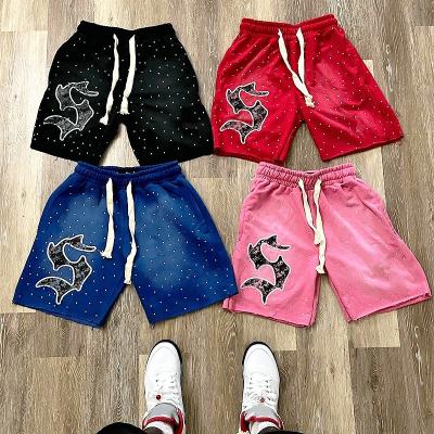 Logo imprimé sur écran sur mesure en strass Pocket Acid Wash Vintage Shorts pour hommes Sweat Cotton Shorts français Jogging Shorts en coton