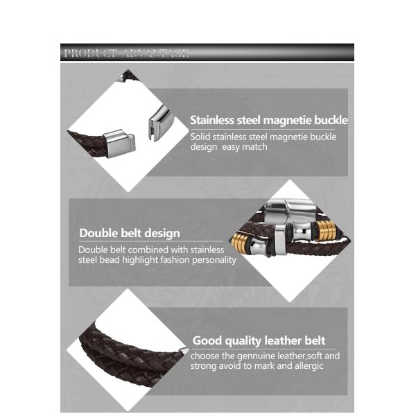 High quality body jewelry double stainless steel woven leather bracelet with magnetic clasp