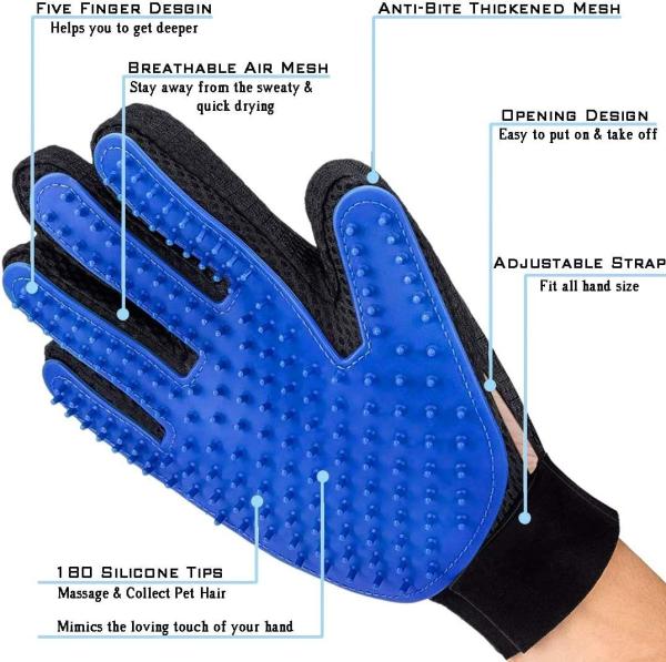 Silicone Pet Hair Remover Glove Blue Cat Brushing Glove For Small Animals