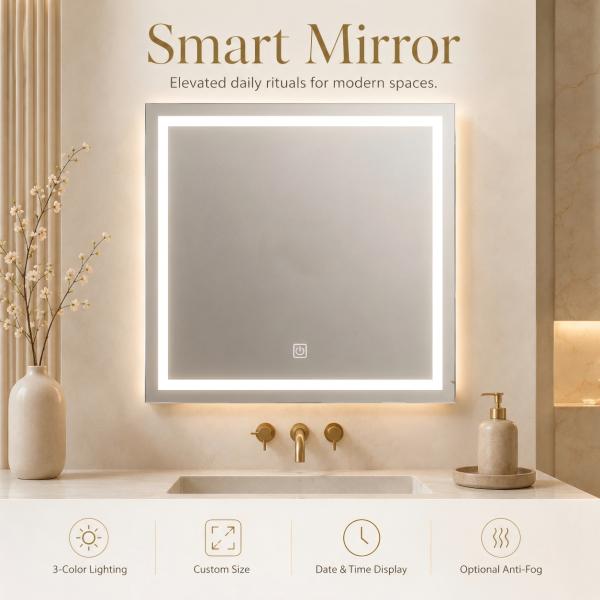Kingstin Square LED Bathroom Mirror, Dimmable 3-Color Light, Anti-Fog, Custom Size & Time Display Smart Vanity Mirror