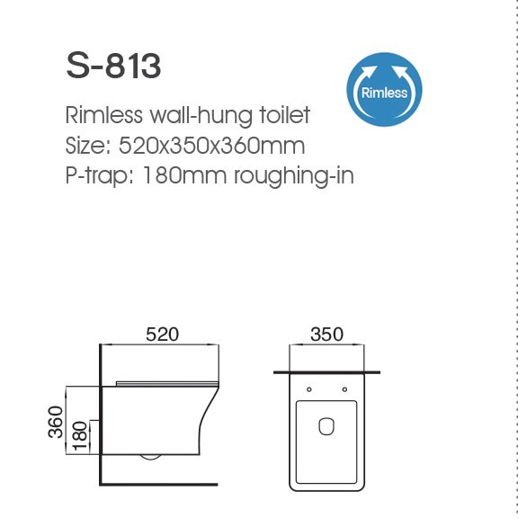 Allwell toilettes suspendues murales sans bordure P piège toilettes en céramique suspendues murales
