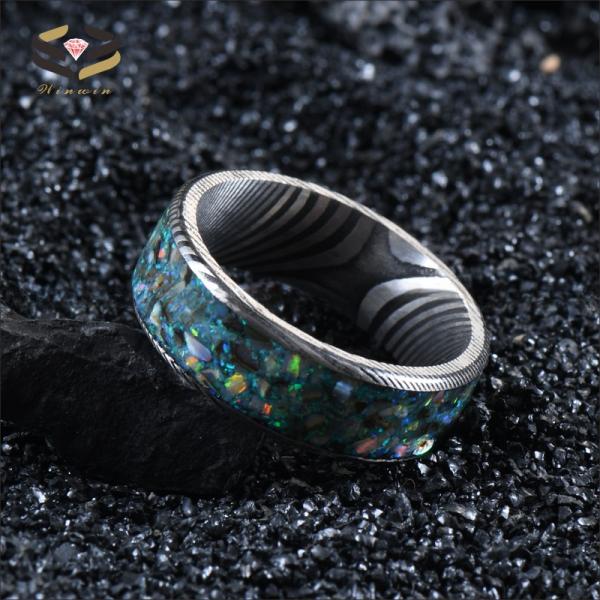 Anillo de boda para hombre de acero Damasco de 8 mm con incrustaciones de ópalo y concha coloridos
