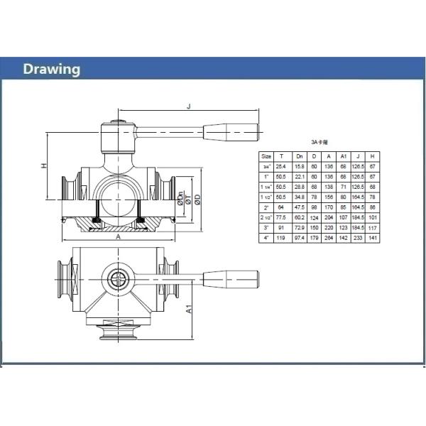 DN10-DN100 Manual Three Way  Sanitary Ball Valve with clamped Connection