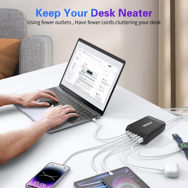 160W 4USB 2USB-C Portos PD Carregador de Desktop Rápido Para Carregamento de Potência de MacBook e Laptop