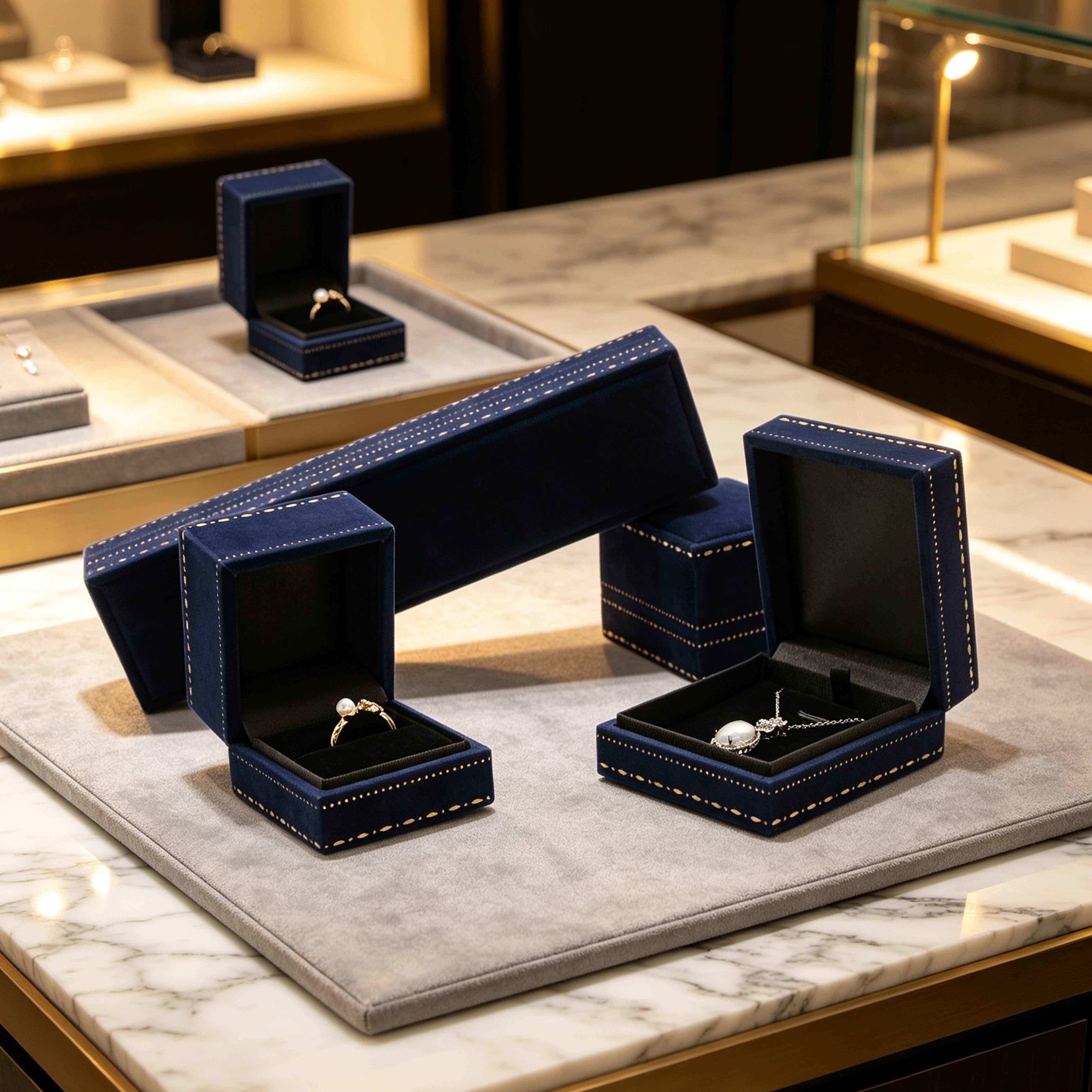 Navy Blue Paper Texture Luxury Jewelry Case Set Luxury Engagement Ring Box