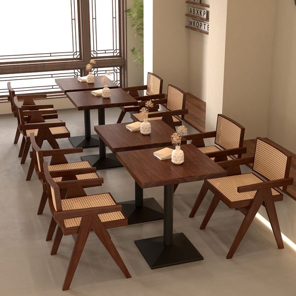 Solid Wood Dining Table Cafeteria Restaurant  bar Cafe Commercial Rattan Tables and Chairs