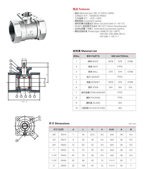 stainless steel 1PC ball valve with Mounting Pad,304/CF8M,201,NPT;Female Thread;with ISO5211