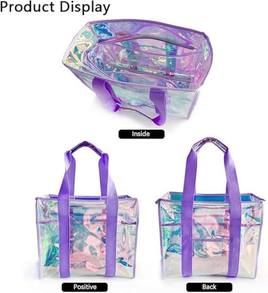 Holographic Iridescent Tote Bag Clear Travel Beach Bag Iridescent Shoulder Bag with Phone Pouch Waterproof Travel Tote for Women Work, Travel, Gym, Beach and Pool