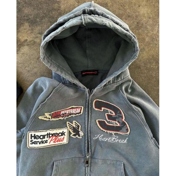 Custom Reversible Stitch Hoodie Applique Distressed Embroidery Stone Wash Oversized Double Hooded Zip Up Hoodie