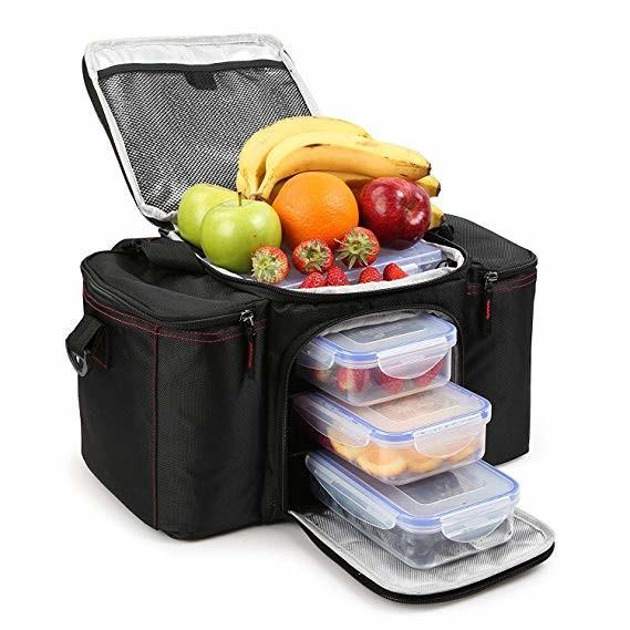 Black Meal Cooler Bag , Portable Lunch Cooler Bag With Ice Pack Snap Lid Containers