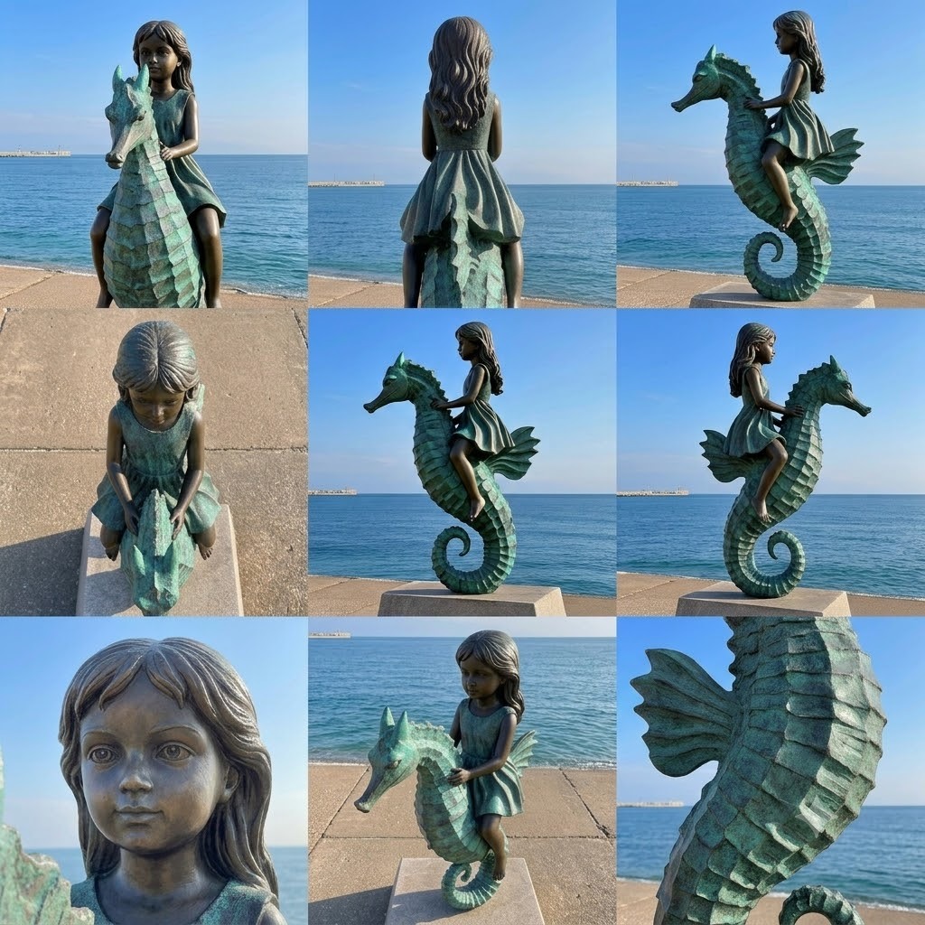 Life-Size Bronze Girl Riding Seahorse Statue