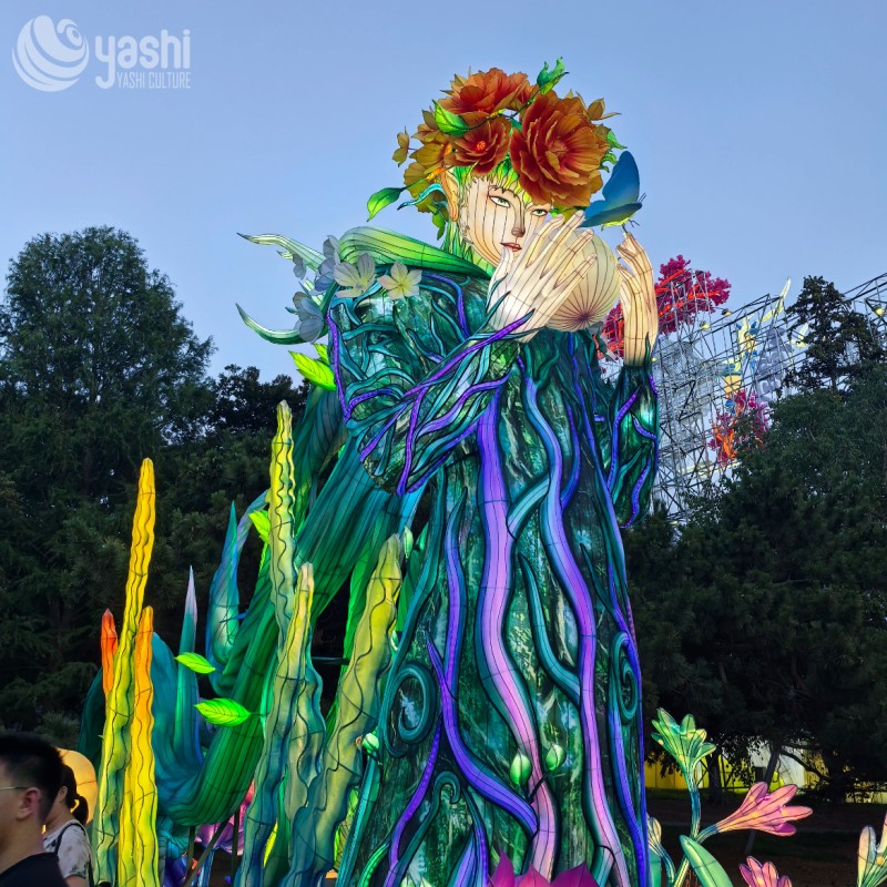 Custom Mother Nature Goddess Flower Zigong Lantern, Forest Dryad Floral LED Light Sculpture, Waterproof Outdoor Light Festival Decoration