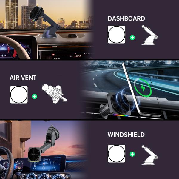 Q2 Wireless Charger All-Metal Design 15w Fast Charging Car Magnetic Wireless Charger Ambient Light Projection