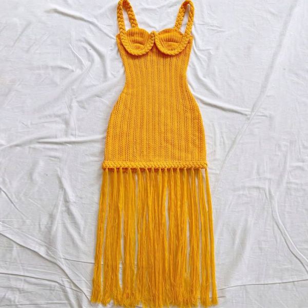 Bohemian Summer Dress with Handmade Braided Rope Trim in Flattering Tropical Orange Tone and Premium Light Sweater Knit