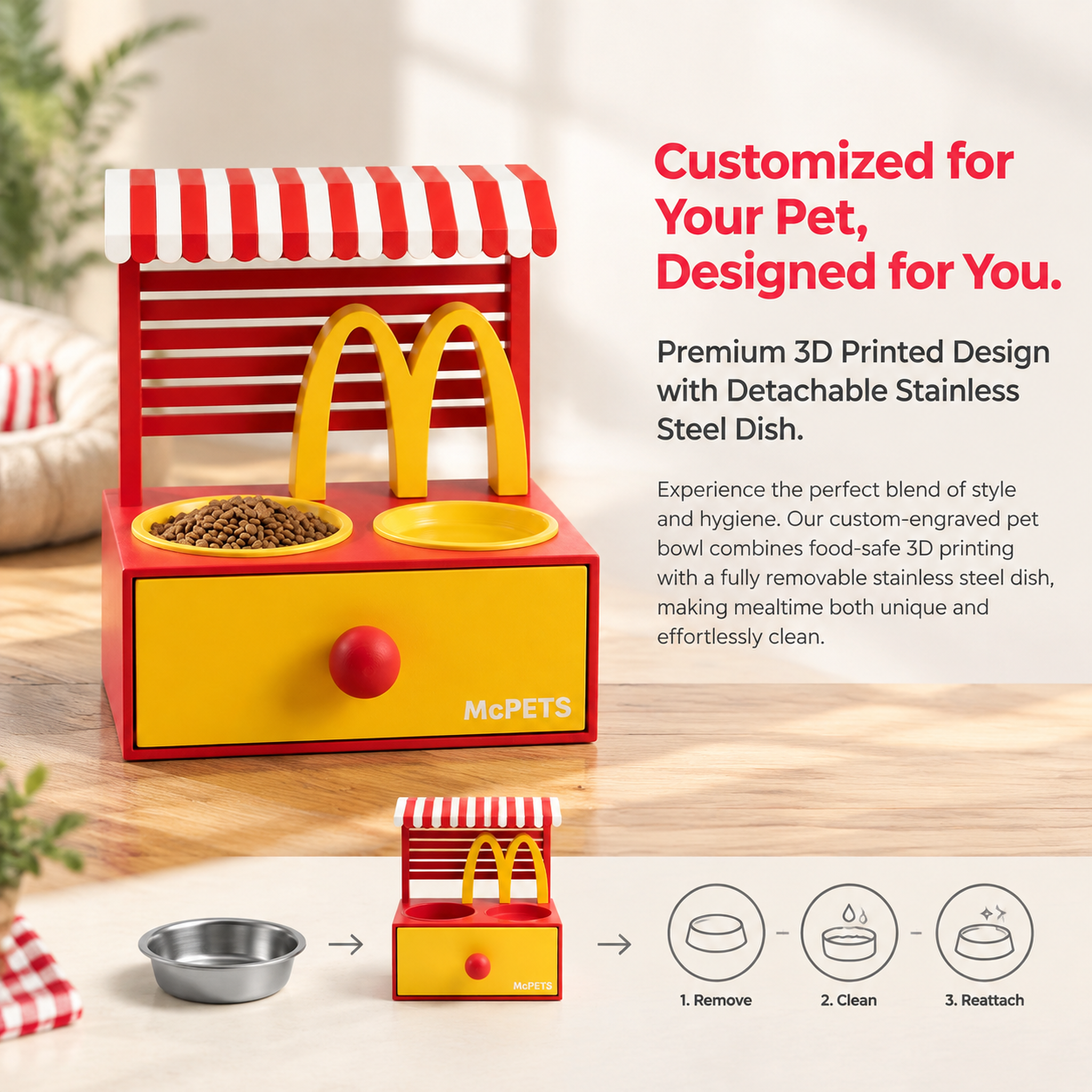 Custom Name 3D Printed Pet Bowl Detachable Stainless Steel Dish for Cats Small Dogs