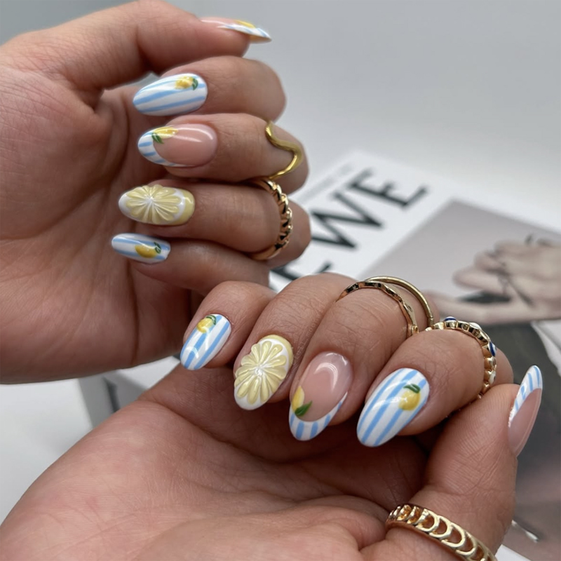 Summer Lemon 3D Press On Nails 24Pcs Daily Short Round Nails