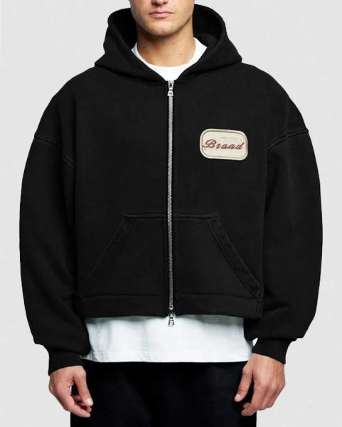 Custom Logo Patch Applique Embroidery Heavyweight 600 gsm Hoodie Baggy Boxy Cropped Acid Wash Double Zipper Hoodie