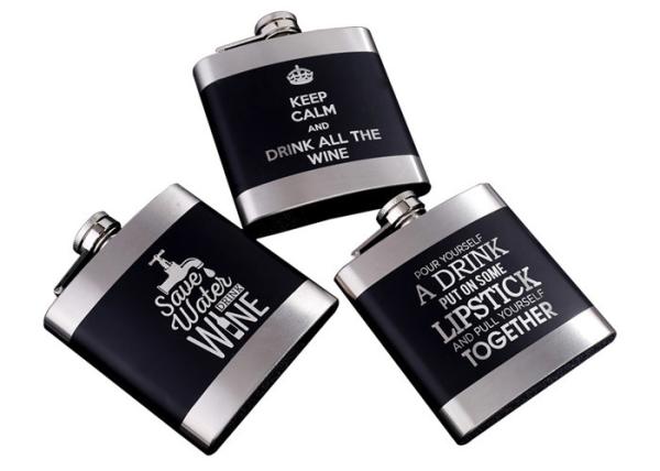 Black Kitchen Household Items 6oz Flat Stainless Steel Hip Flask Laser Lettering