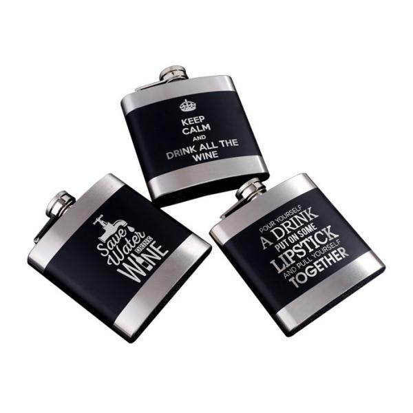 Black Kitchen Household Items 6oz Flat Stainless Steel Hip Flask Laser Lettering