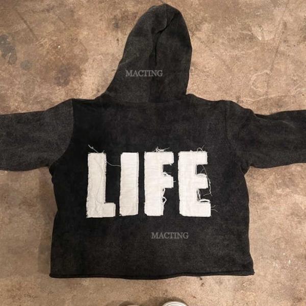 Unisex Vintage Hoodie com Patch de bordado Distressed Applique em algodão Terry Francês