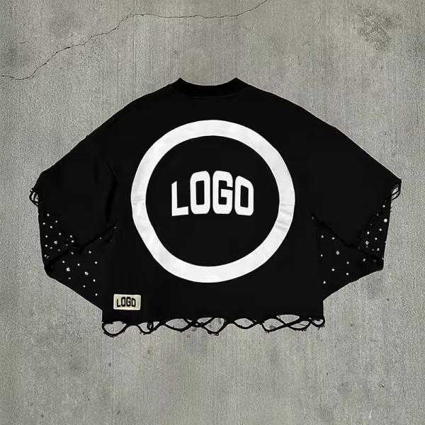 Clothing Manufacturers Custom Double Layer Long Sleeve Distressed Embroidery logo Rhinestone t Shirts Acid Washed Vintage Tshirt