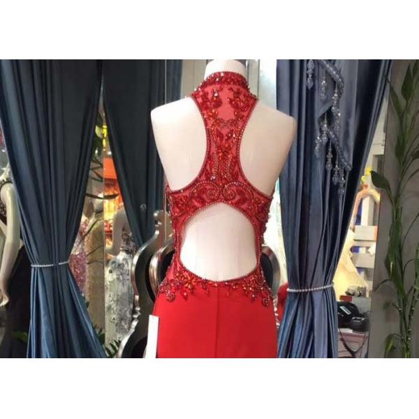 Luxury Red Mermaid Style Prom Dress Beading Hanging Neck Back Hollow Fishtail