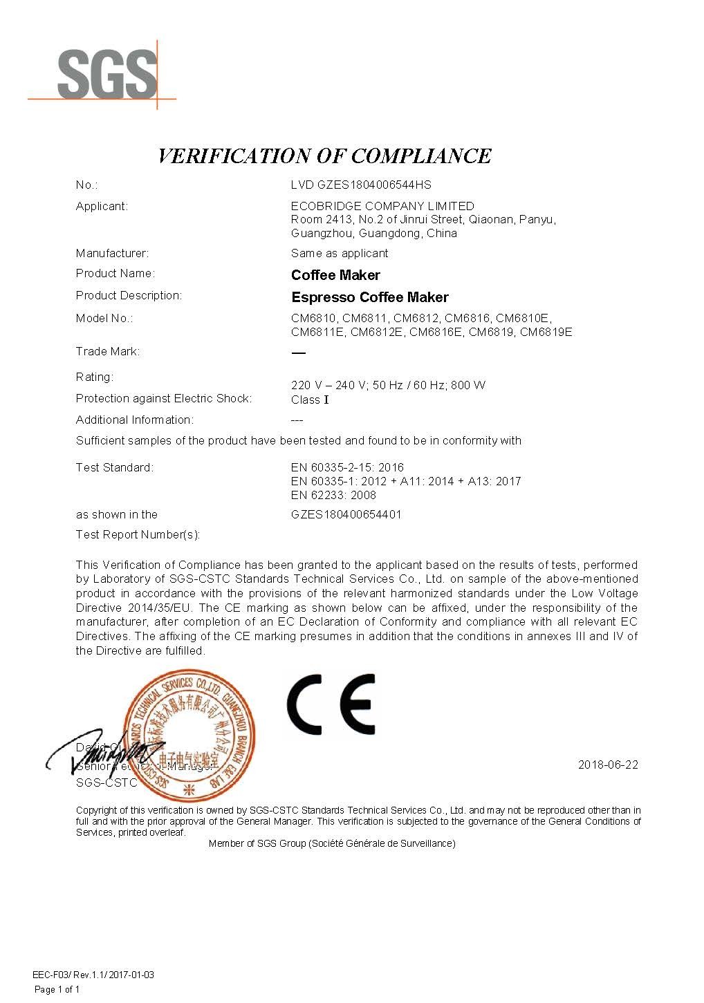 ECOBRIDGE COMPANY LIMITED Certifications