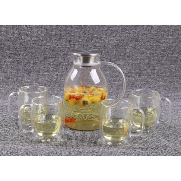 62 Oz Glass Tea Infuser Set Stainless Steel Cover With 4 Double Walled Cups