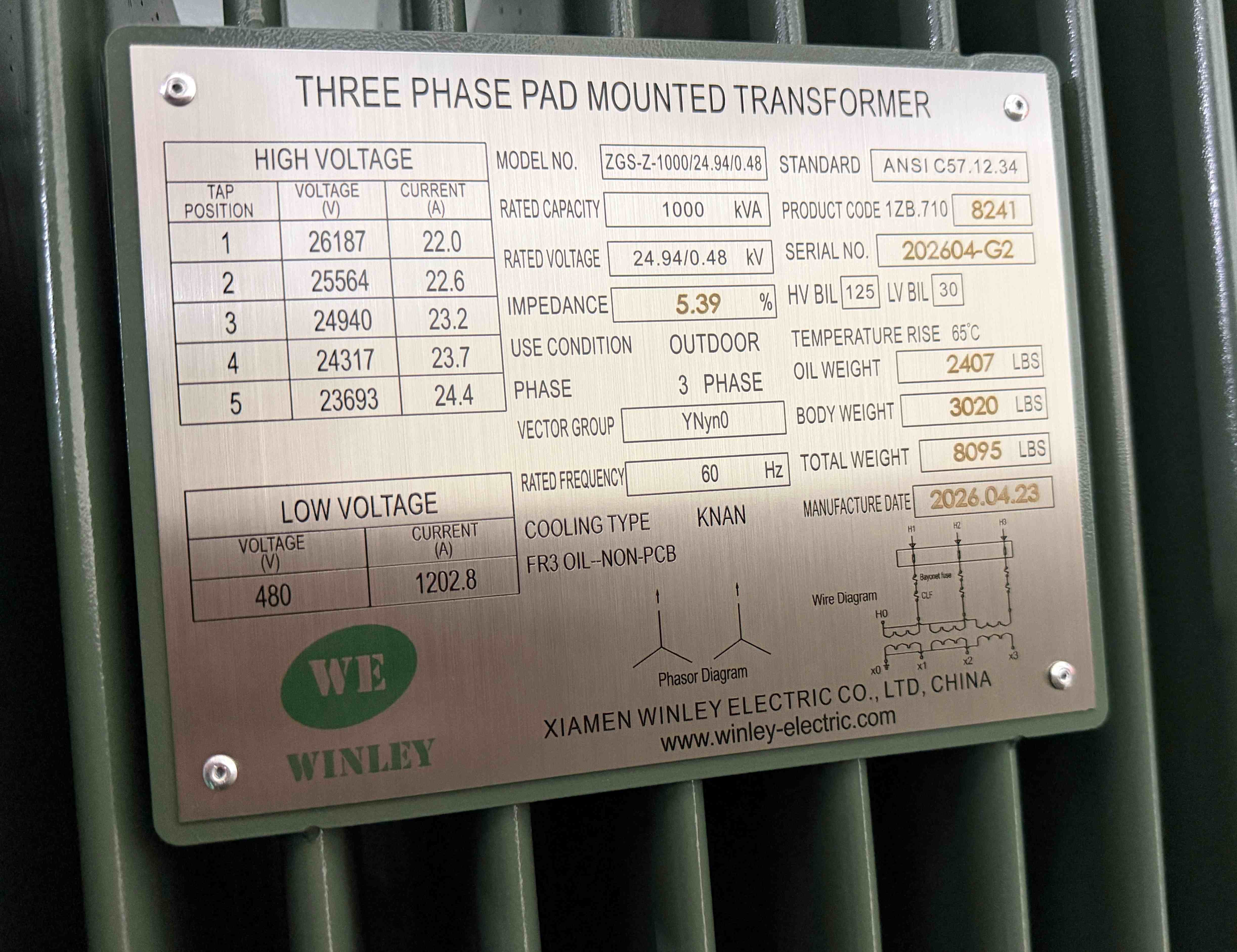 1000kVA Three Phase Pad Mounted Distribution Transformer 24940Y/14400V to 480Y/277V UL Listed