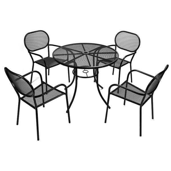 Outdoor Bistro Cafe Garden Courtyard Patio Metal Iron Round Tables And Chair Set with Umbrella Hole in Modern Design