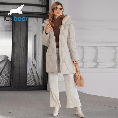 Winter Artificial Fur Hook Mid Length Down / Cotton Jacket With Detachable Mink Fur Hat For Women 50-60 Sizes