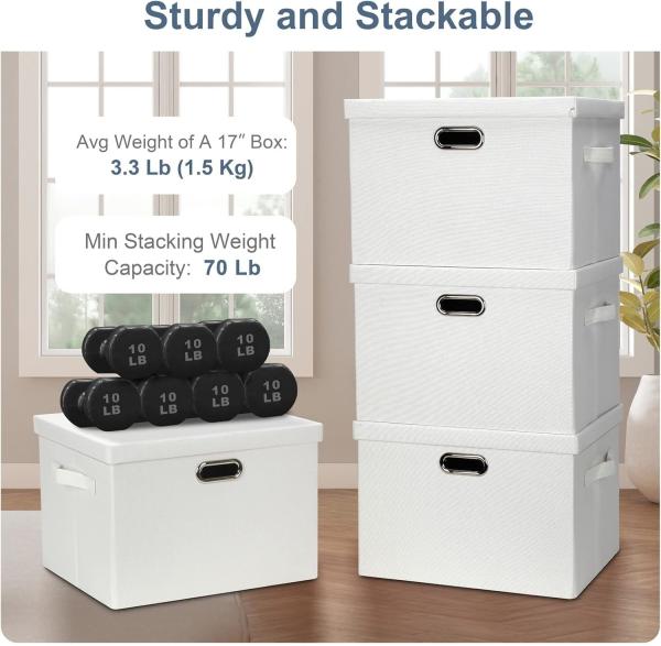 Linen Fabric, Metal Handles Collapsible Stackable Storage Bins With Lids, Packs White Linen Fabric Closet Boxes With Lids, Storage Cube Baskets Container Organizers For Bedroom Office