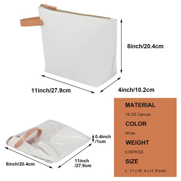 Sac de maquillage en toile blanche avec revêtement intérieur de mode 11X4X8 pouces