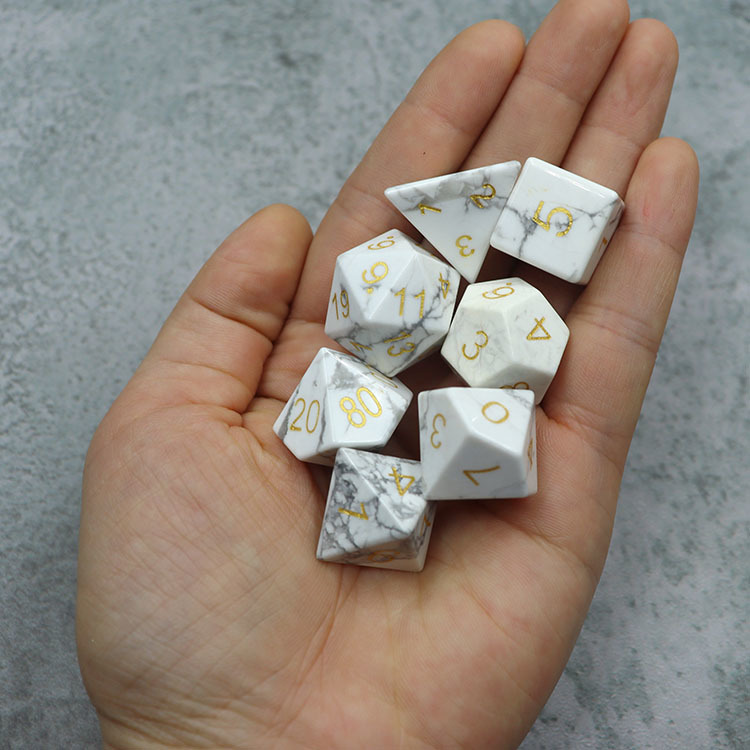 Natural Howlite Gemstone Polyhedral Dice Set - Hand Carved DND Dice with Golden Ink Engraved Numbers
