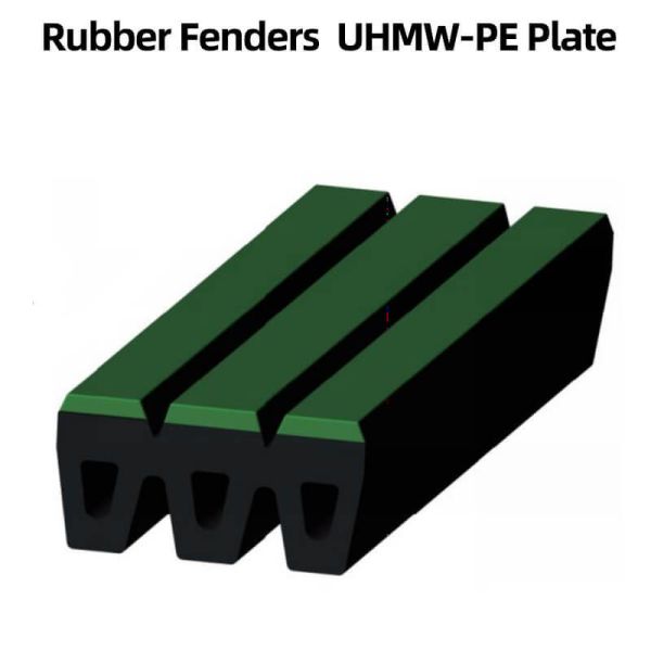 Rubber fender with UHMW-PE plate for yachts offering medium energy absorption and high abrasion resistance