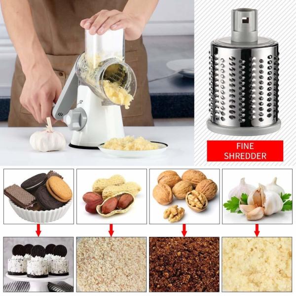 3 Drum Blades Stocked Rotary Cheese Grater for Manual Vegetable Slicer and Walnuts Grinder