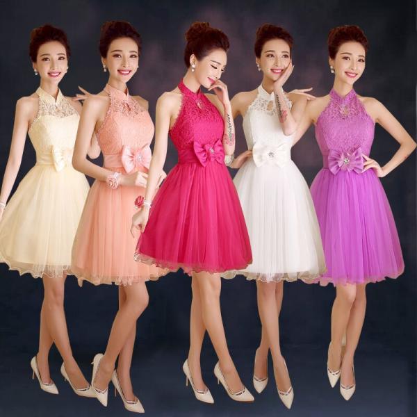 New Short Halter Champagne Purple Bridesmaid Dress Bride Strapless Lace Rose Dress