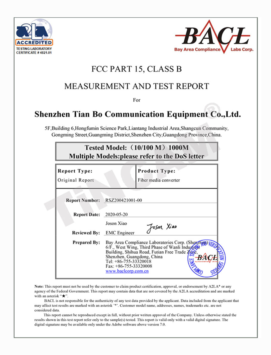 Shenzhen Tianbo Communication Equipment Co., Ltd. Certifications