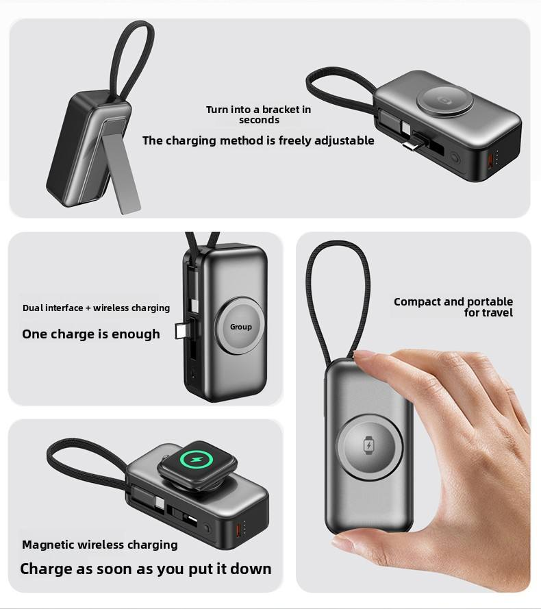 Mini 5000mAh Portable Pocket Power Bank with Type-C Input/Output 20W 3 Type-C & Stand Wireless Charger for Watch