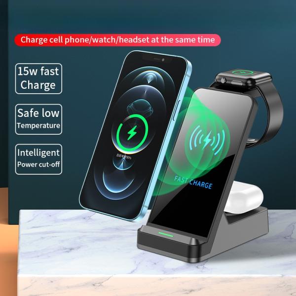 3 In1 Fast Qi Wireless Charger Holder 15w Magnetic Charger for Mobile Phone Iwatch Custom Led Logo and 5V/2A Output