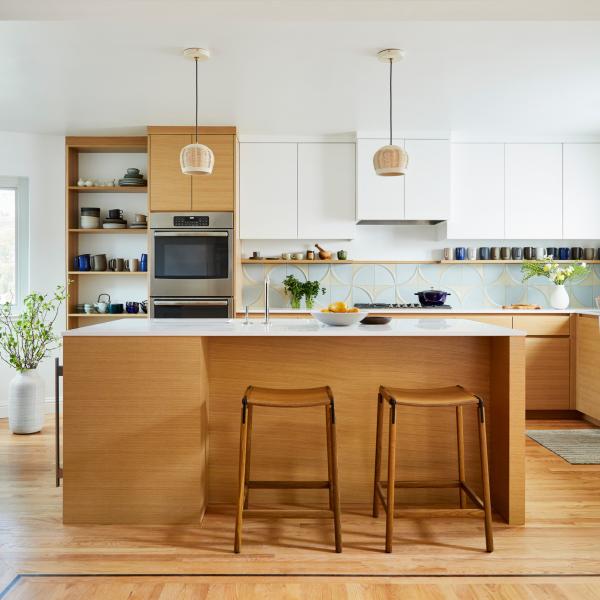 L Shaped Mealmine Kitchen Cabinet White And Beige With Pantry Island Sink