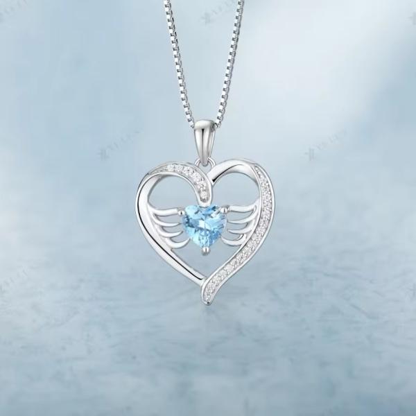 YASVITTI 925 Sterling Silver Heart Topaz & Cubic Zirconia Angel Wing Pendant Necklace Romantic Jewelry for Women
