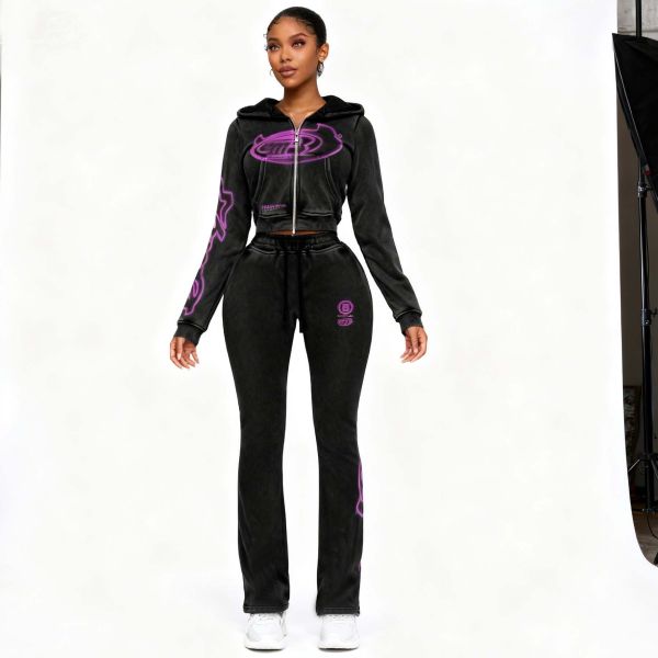 Oem/odm New Trending Vintage Acid Wash Sweatsuit Custom Print Streetwear Zip up Jacket Tracskuit Crop pink Hoodie Set for Women