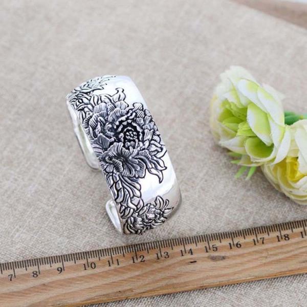 Retro Vintage 925 Sterling Silver Wide Cuff Bracelet Engraved Flower (XH042025)