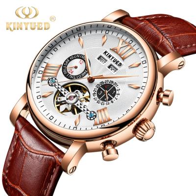 KINYUED J017-1  White Dial Gold Case Leather Strap Complete Calendar  Skeleton Automatic Mechanical relojes Watch