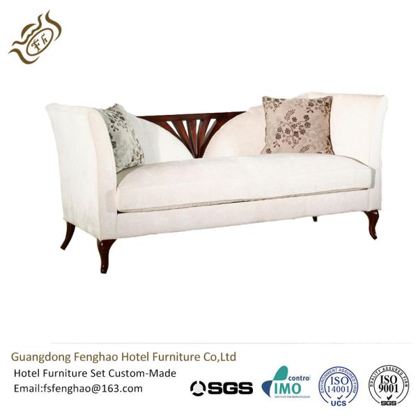 Classical Wood Beige Fabric Hotel Room Sofa Natural Timber Wood