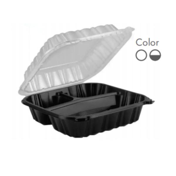 Transparent/ Black Transparent Disposable Food Box Microwave Safe Feature,PP Hinged Lid Clamshell Container,8”x8.5”x3”