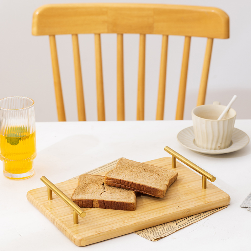 Living Room Storage Tray Wood Plate with Metal Handle for Coffee Cake Tea Dessert