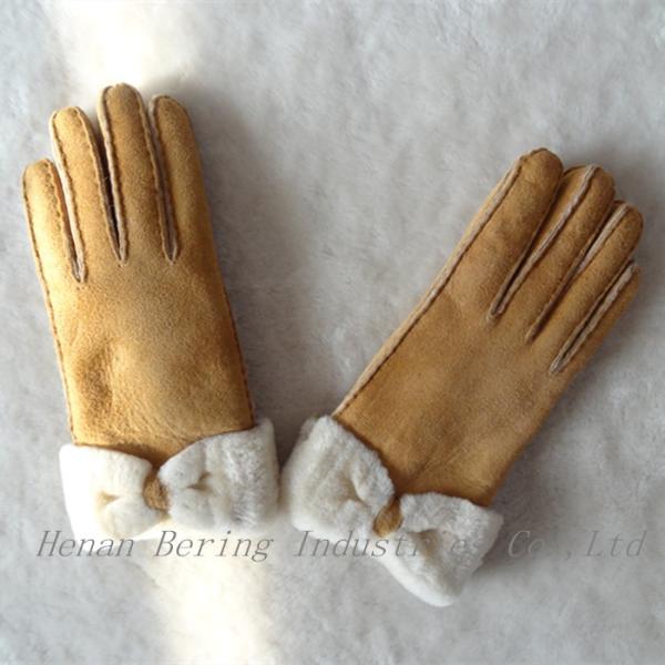 Fashion Double Face Shearing Sheepskin Leather Winter Gloves with Bowknot for Lady