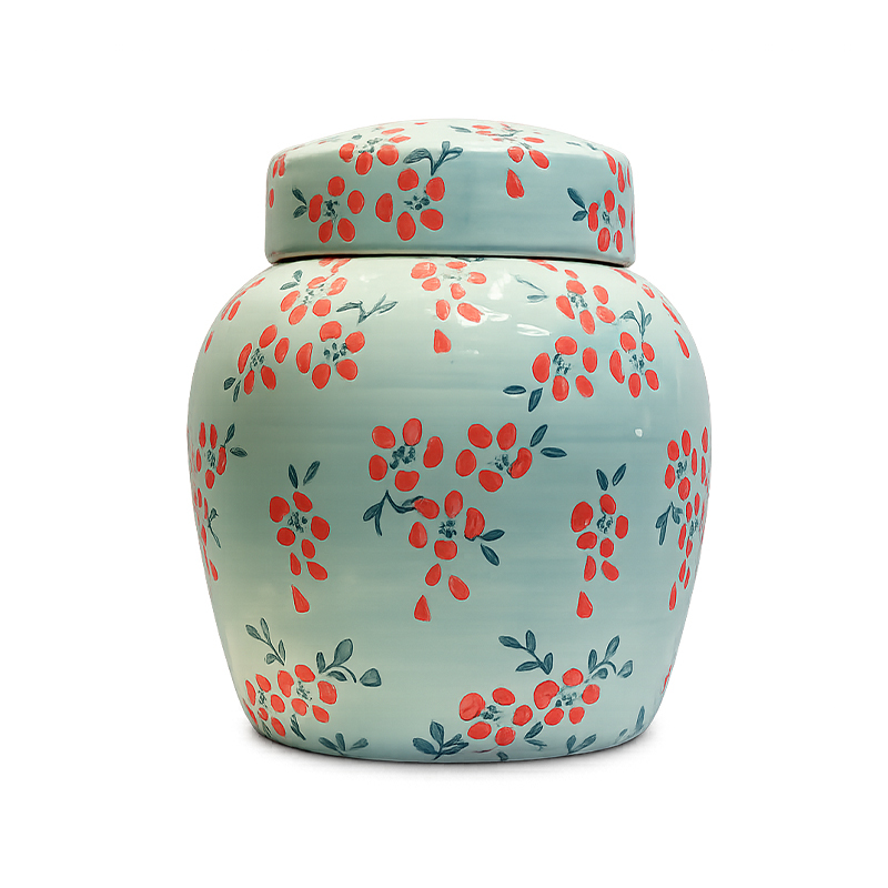 Glossy Green Ceramic Urn with Floral Berry Motif